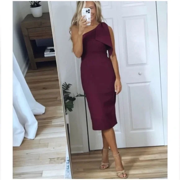 DRESS THE POPULATION Tiffany One-Shoulder Maroon Dark Magenta Dress Size S NWT - Picture 8 of 11
